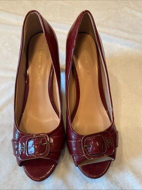Etienne Aigner Burgundy Patent Leather Peep-Toe Pumps with Buckle